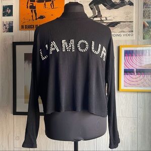 High Neck Pearl Graphic Art Ribbed Knit Oversized Crop Top French Casual Spring